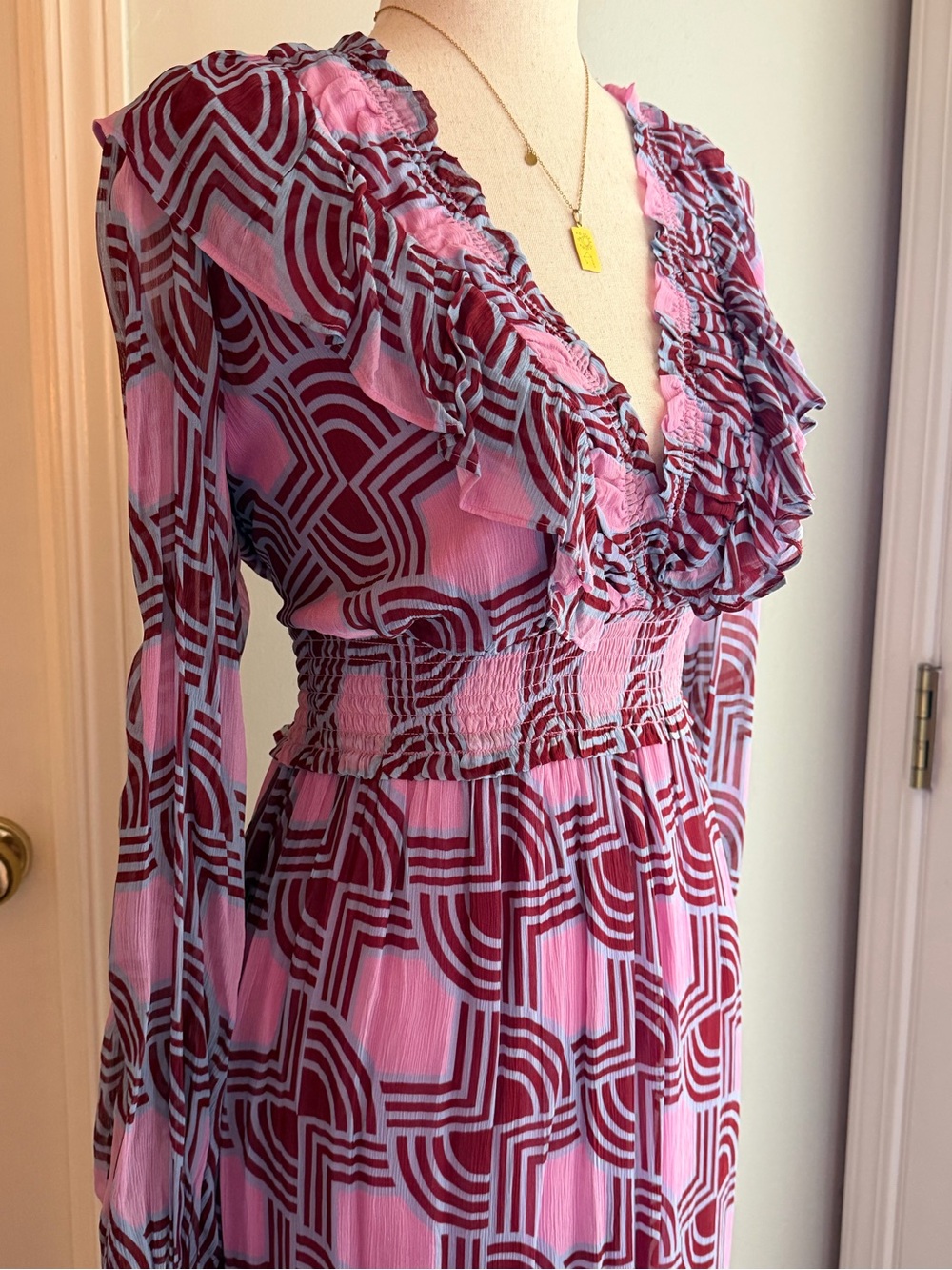 Anthropologie Odetta Ruffle V-Neck Dress Pink and Burgundy